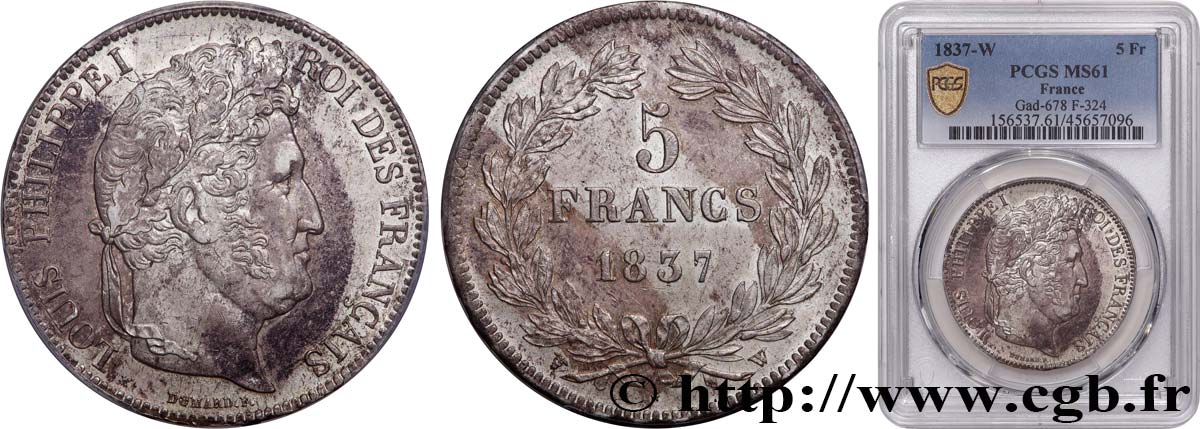 5 francs IIe type Domard 1837 Lille F.324/67 EBC61 PCGS