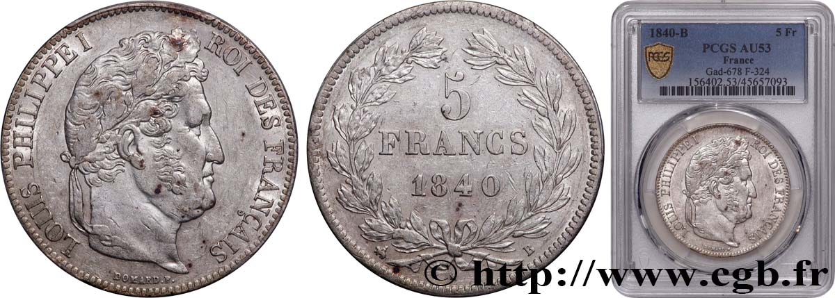 5 francs IIe type Domard 1840 Rouen F.324/84 SS53 PCGS