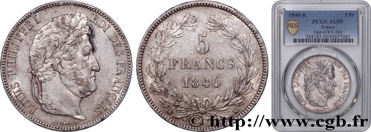 5 francs IIe type Domard 1840 Bordeaux F.324/87 AU55 PCGS