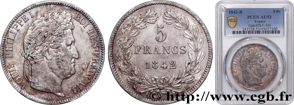 5 francs IIe type Domard 1842 Rouen F.324/96 TTB53 PCGS