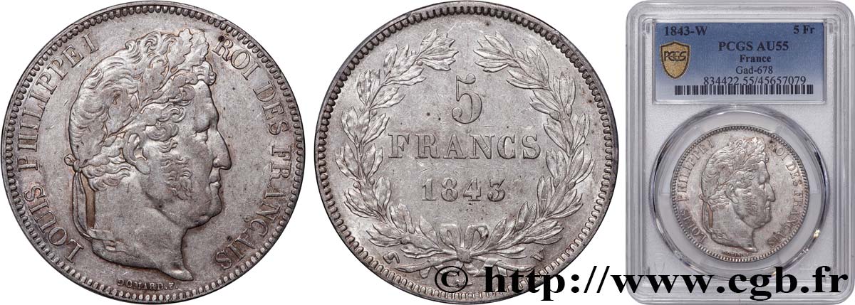 5 francs IIe type Domard 1843 Lille F.324/104 VZ55 PCGS