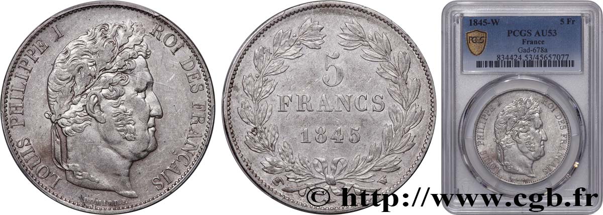 5 francs IIIe type Domard 1845 Lille F.325/9 BB53 PCGS