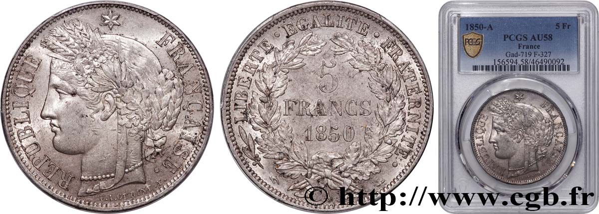 5 francs Cérès, IIe République 1850 Paris F.327/4 SPL58 PCGS