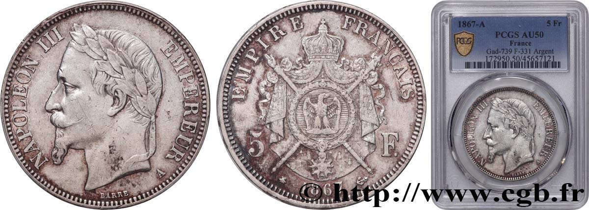 5 francs Napoléon III, tête laurée 1867 Paris F.331/10 MBC50 PCGS