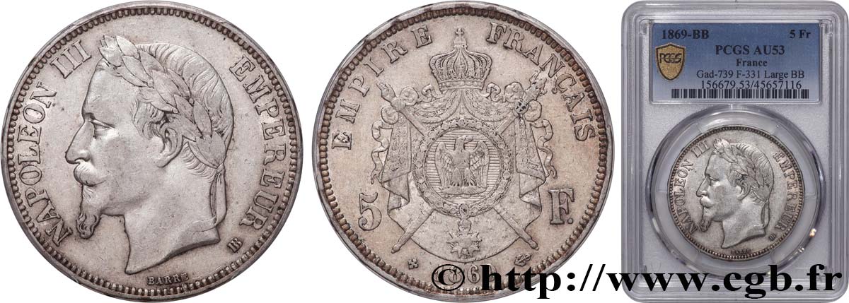 5 francs Napoléon III, tête laurée 1869 Strasbourg F.331/15 BB53 PCGS