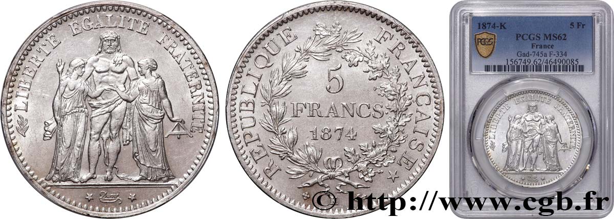 5 francs Hercule 1874 Bordeaux F.334/13 VZ62 PCGS