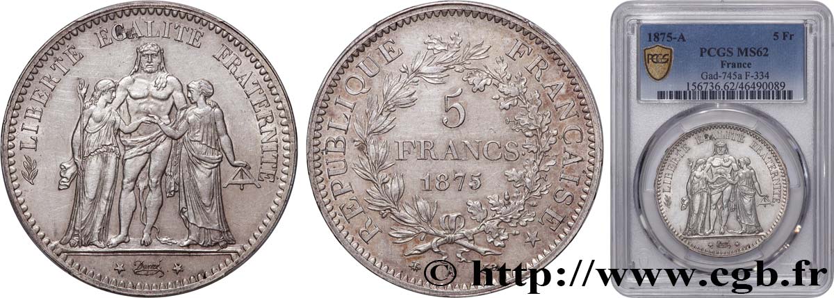 5 francs Hercule 1875 Paris F.334/14 SUP62 PCGS