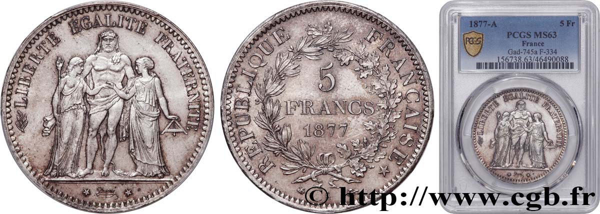 5 francs Hercule 1877 Paris F.334/19 fST63 PCGS