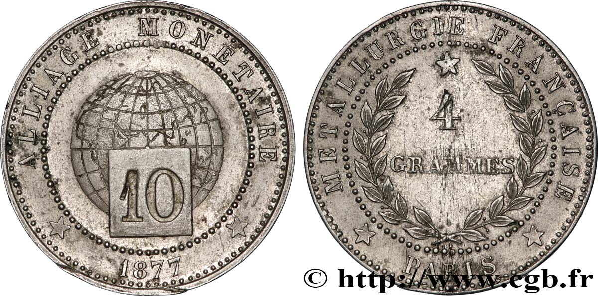 Essai d’alliage de 10 centimes 1877 Paris GEM.256 2 fVZ 