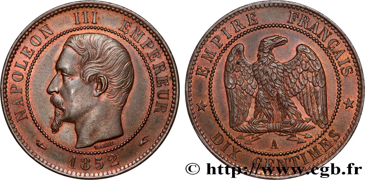 Dix centimes Napoléon III, tête nue 1852 Paris F.133/1 SPL63 