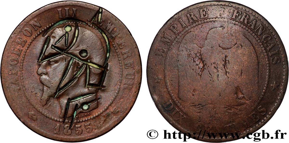 Dix centimes Napoléon III, tête nue, satirique 1855 Marseille F.133/31 var. TB 