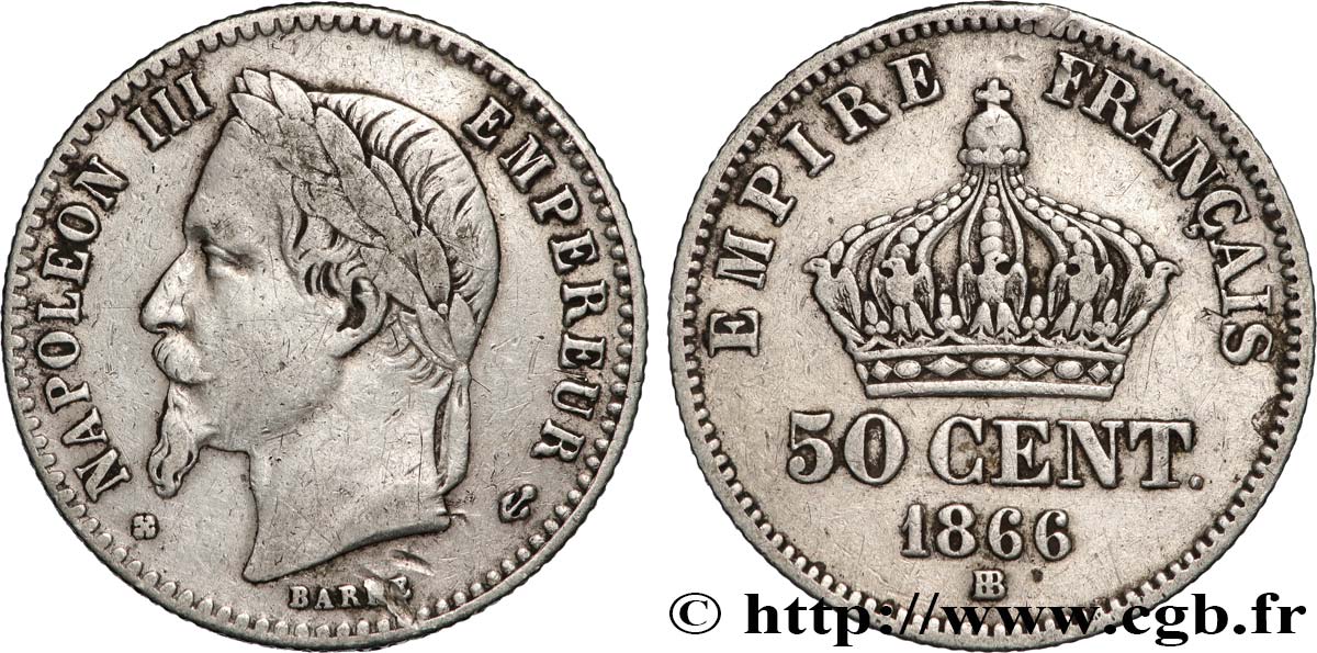 50 centimes Napoléon III, tête laurée 1866 Strasbourg F.188/10 TB+ 