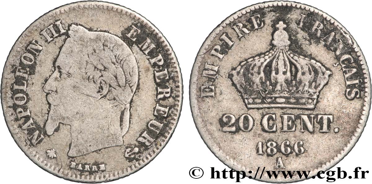 20 centimes Napoléon III, tête laurée, petit module 1866 Paris F.149/4 B 