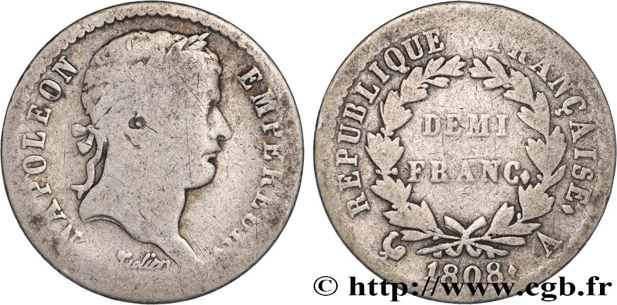 Demi-franc Napoléon Ier tête laurée, République française 1808 Paris F.177/2 TB 