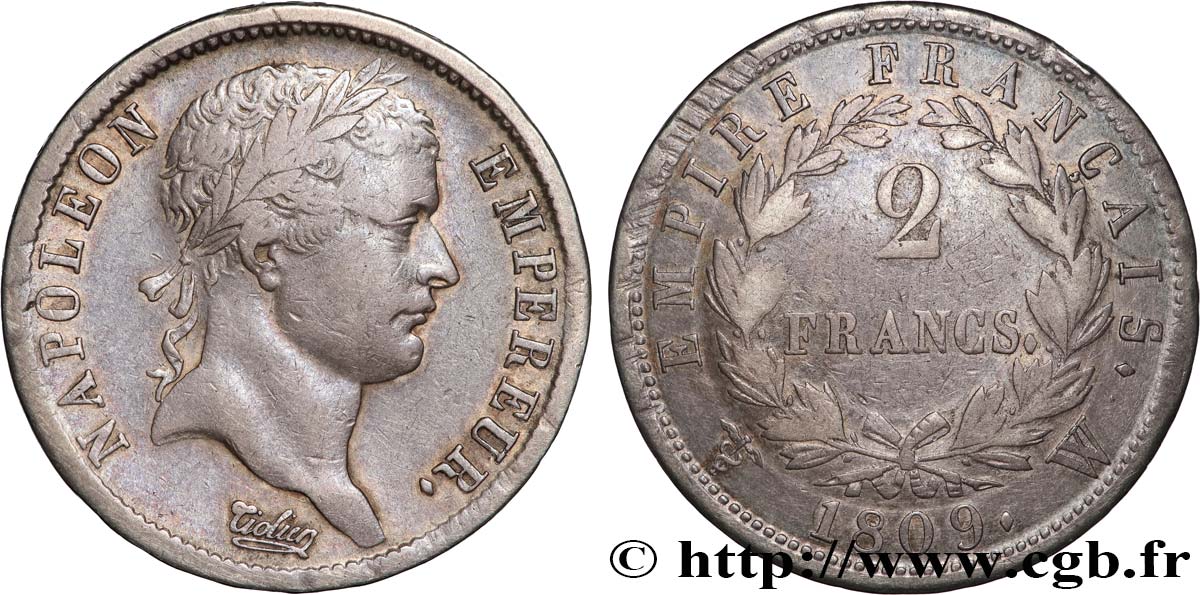 2 francs Napoléon Ier tête laurée, Empire français 1809 Lille F.255/9 MB 