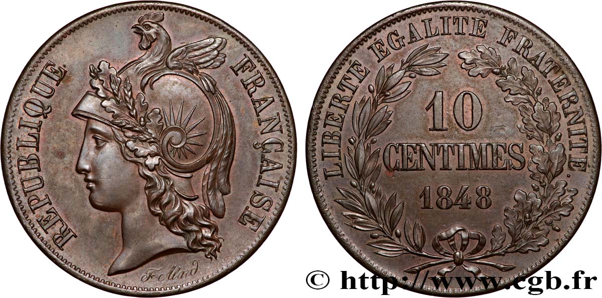 Concours de 10 centimes, essai en cuivre par Alard, premier revers, frappe médaille 1848 Paris VG.3130 var. MS62 