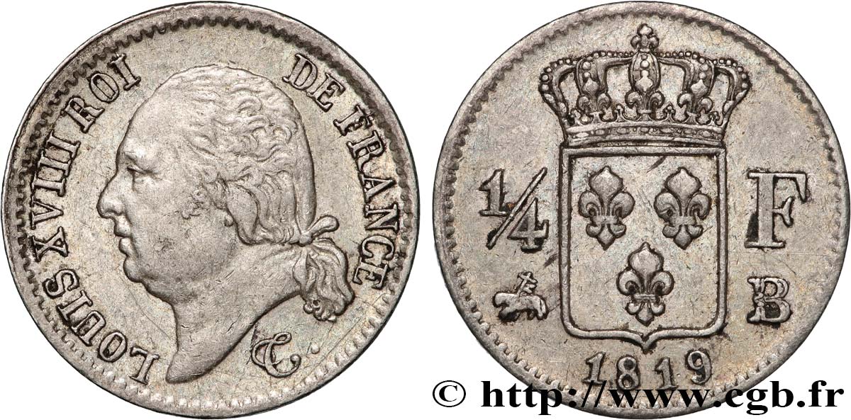 1/4 franc Louis XVIII 1819 Rouen F.163/16 TTB 