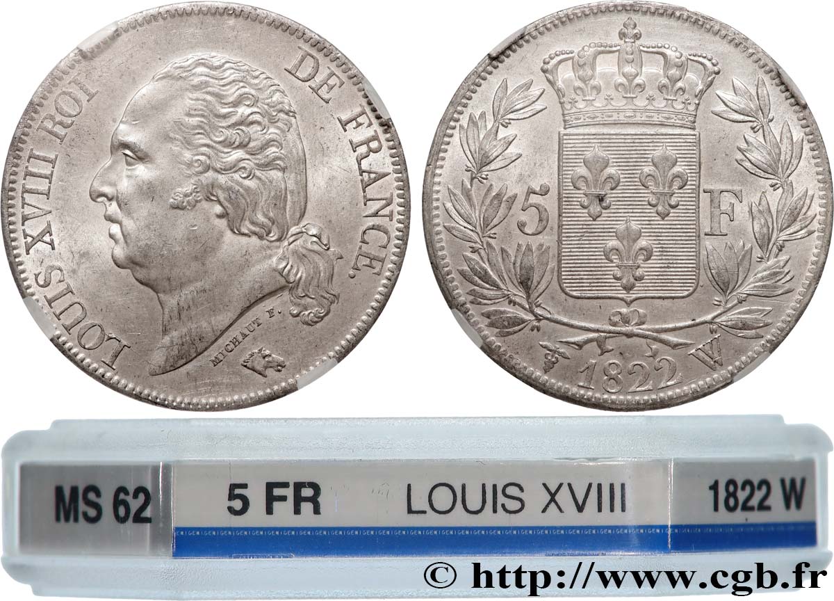 5 francs Louis XVIII, tête nue 1822 Lille F.309/75 VZ62 GENI