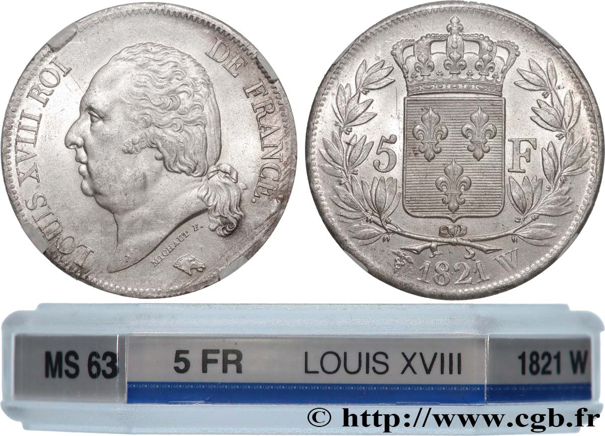 5 francs Louis XVIII, tête nue 1821 Lille F.309/67 fST63 GENI