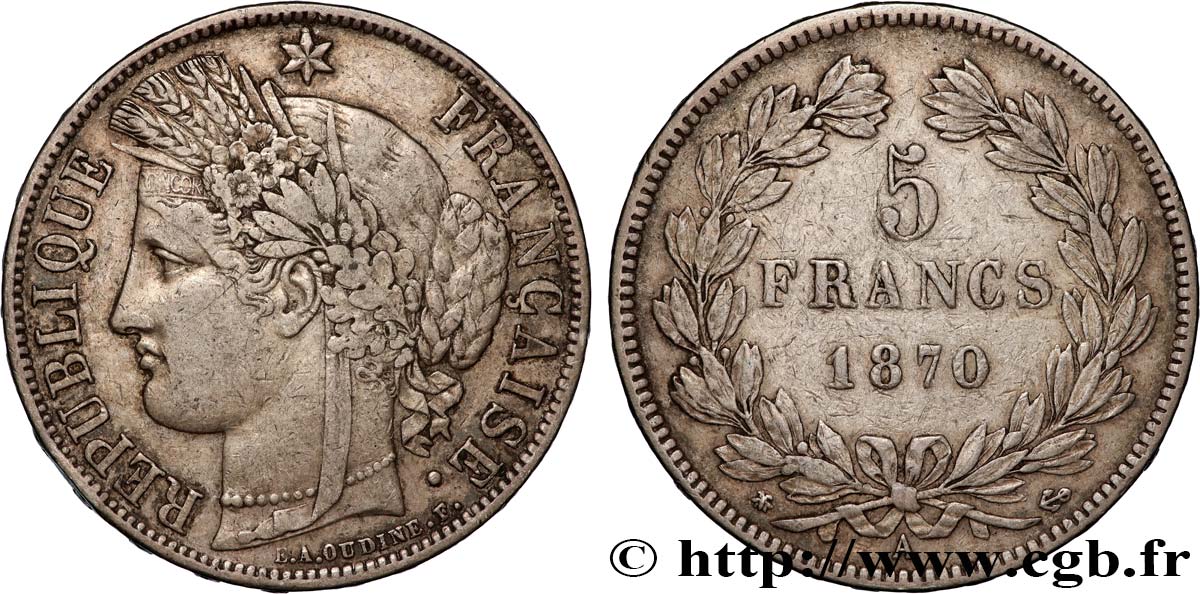 5 francs Cérès, sans légende 1870 Paris F.332/1 TB 