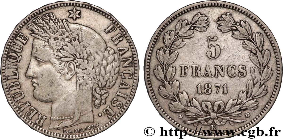 5 francs Cérès, sans légende 1871 Bordeaux F.332/8 TB+ 