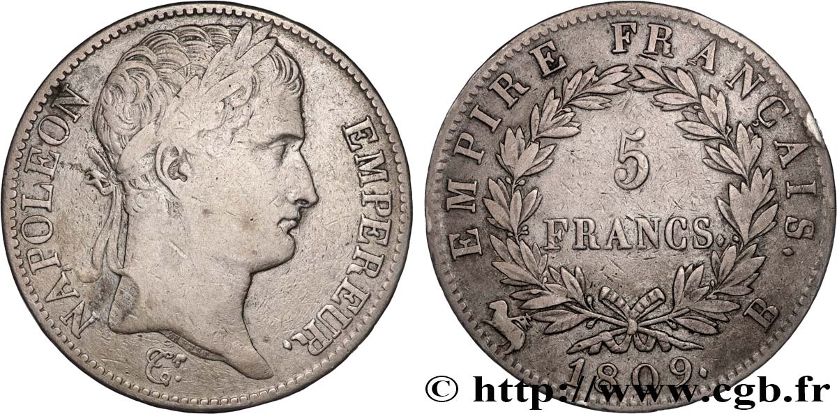5 francs Napoléon Empereur, Empire français 1809 Rouen F.307/2 TB+ 