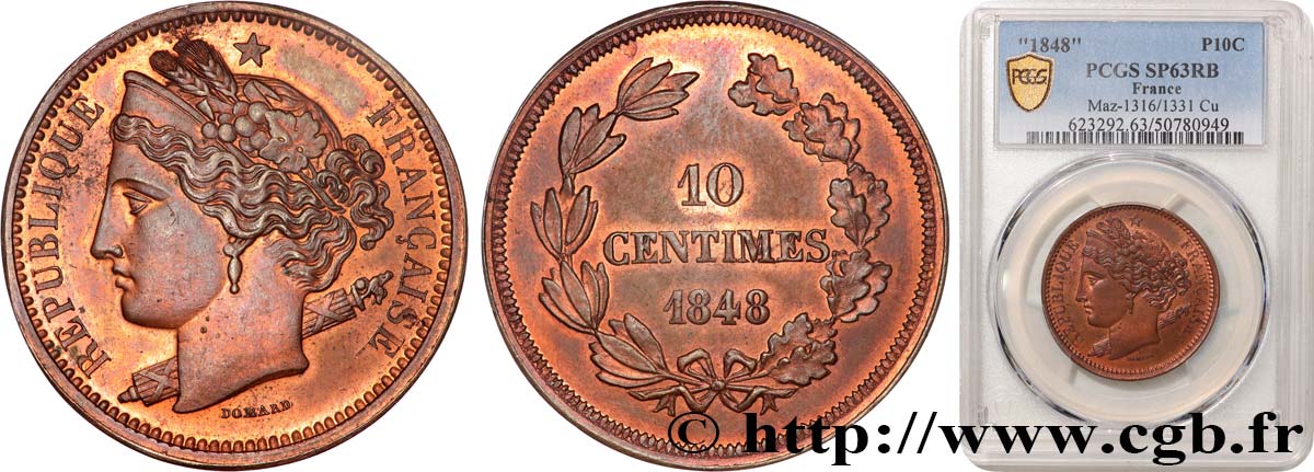 Concours de 10 centimes, essai en cuivre par Domard, premier avers, troisième revers 1848 Paris Maz.1316 avers MS63 PCGS