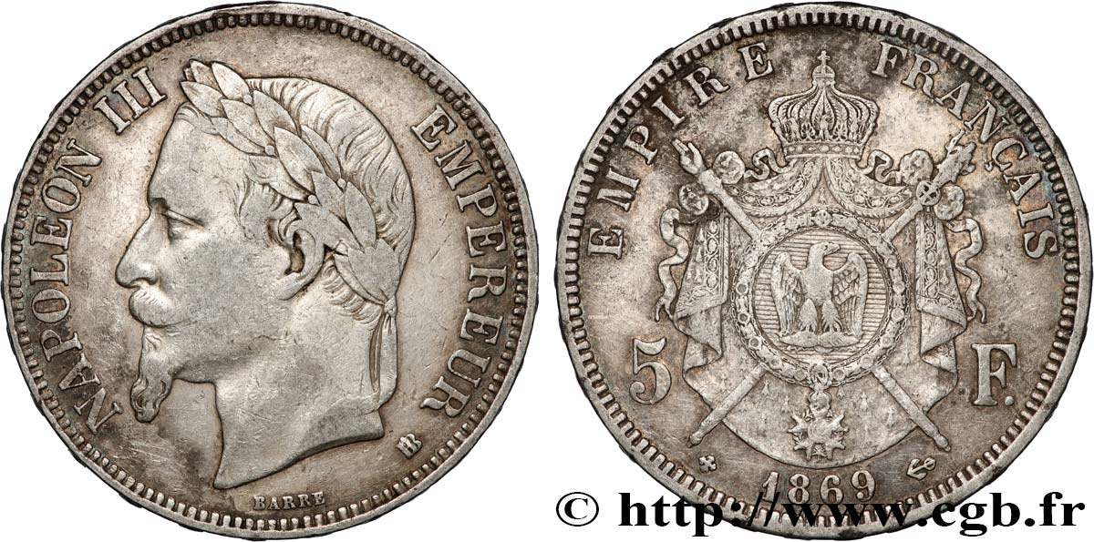 5 francs Napoléon III, tête laurée 1869 Strasbourg F.331/15 fSS 