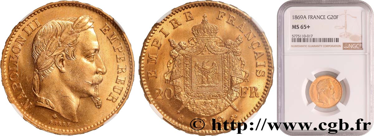 20 francs or Napoléon III, tête laurée 1869 Paris F.532/20 ST65 NGC