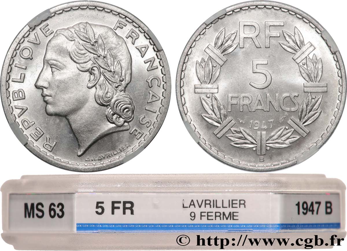5 francs Lavrillier, aluminium 1947 Beaumont-Le-Roger F.339/12 SPL63 GENI