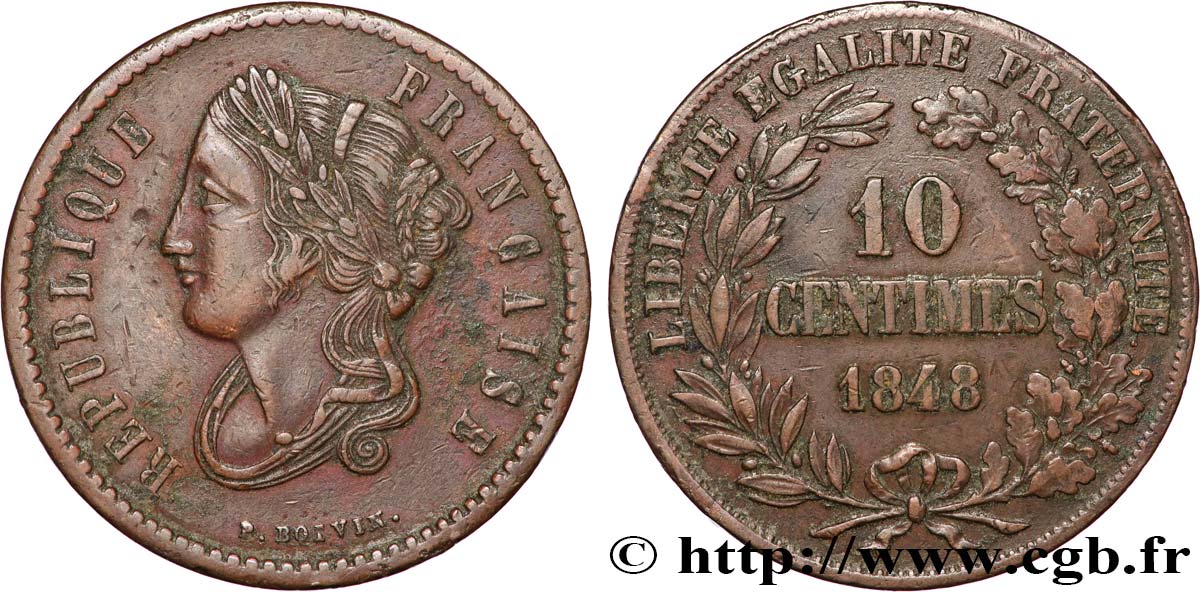 Concours de 10 centimes, essai en cuivre par Boivin, premier revers 1848 Paris VG.3133  BB 