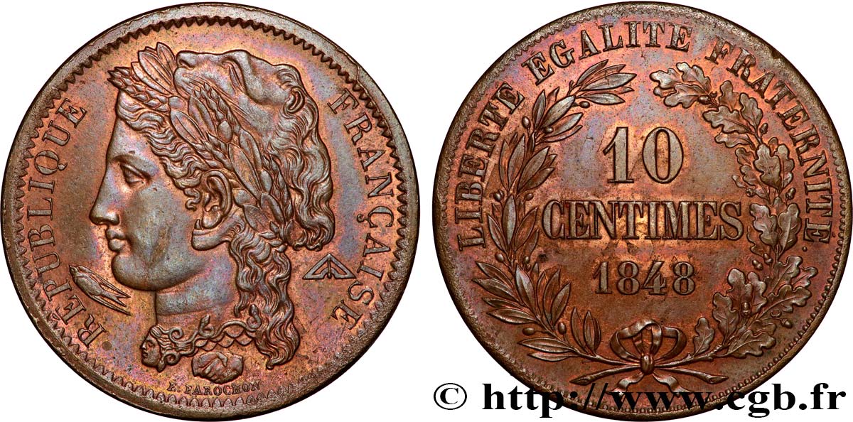 Concours de 10 centimes, essai en cuivre par Farochon, premier revers 1848 Paris VG.3139 var. VZ62 