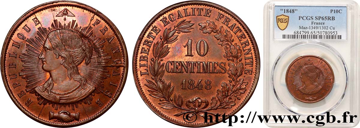 Concours de 10 centimes, essai en cuivre par Pillard, premier revers 1848 Paris Maz.1349 avers FDC65 PCGS