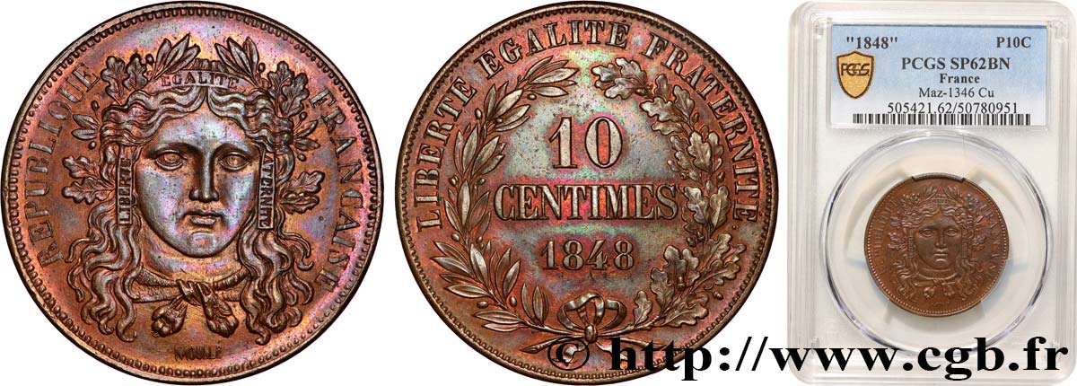 Concours de 10 centimes, essai en cuivre par Moullé, premier revers 1848 Paris Maz.1346  SUP62 PCGS