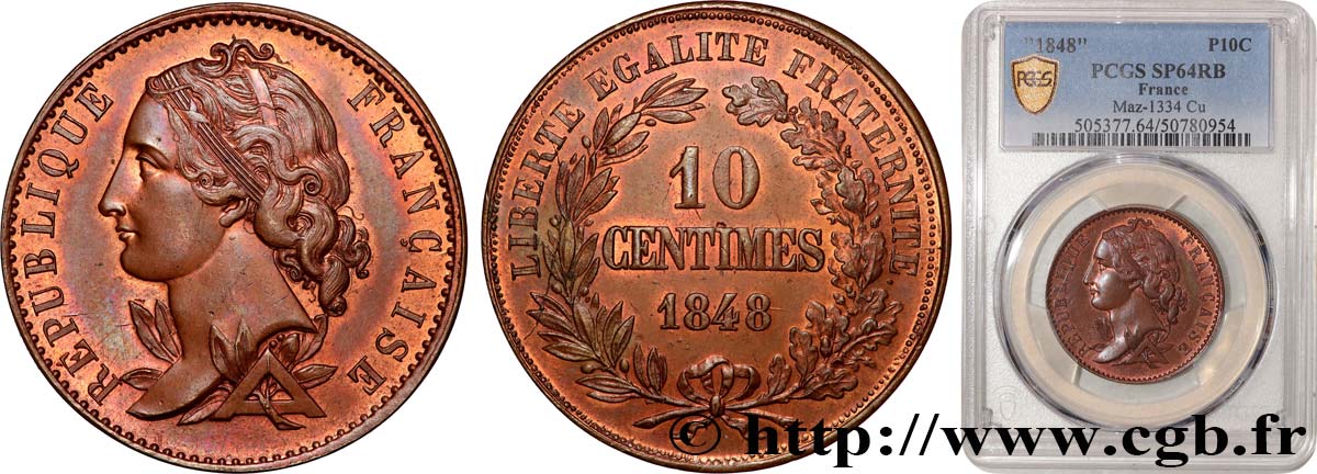 Concours de 10 centimes, essai en cuivre par Magniadas, premier revers 1848 Paris VG.3143  MS64 PCGS