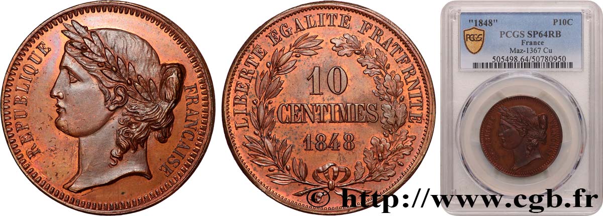 Essai (hors concours) de 10 centimes de Reynaud 1848 Paris VG.3173  SPL64 PCGS