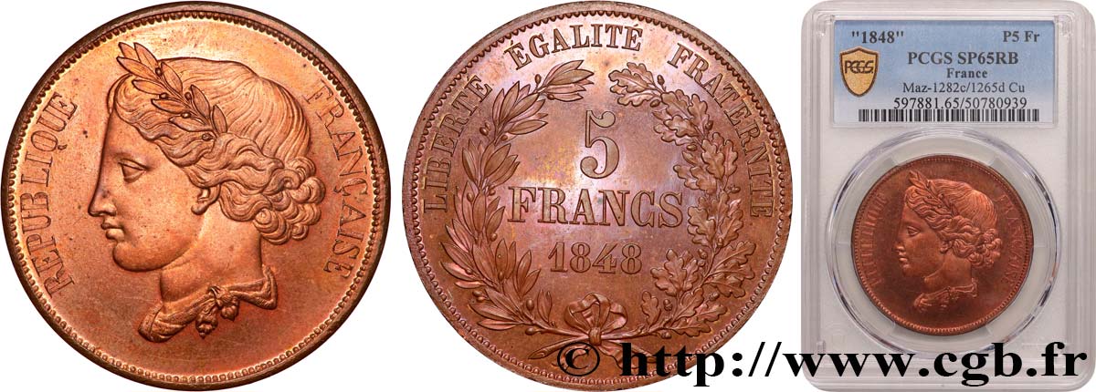 Concours de 5 francs, essai en cuivre attribué à Gayrard, deuxième concours 1848 Paris Maz.1282 c MS65 PCGS