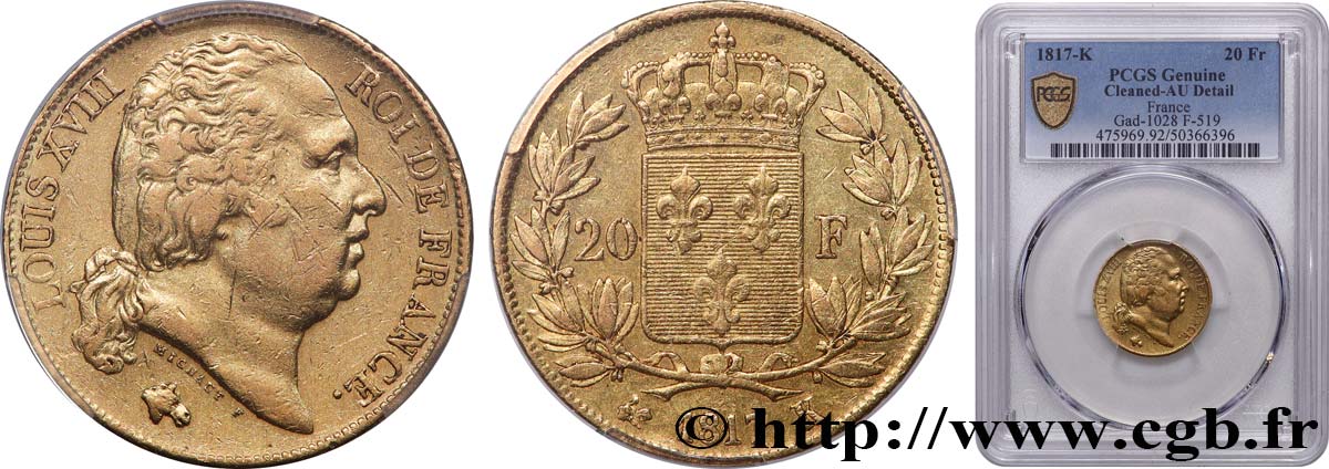 20 francs or Louis XVIII, tête nue 1817 Bordeaux F.519/6 fVZ PCGS