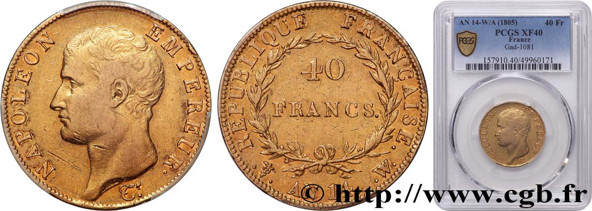 40 francs or Napoléon tête nue, Calendrier révolutionnaire 1805 Lille F.537/4 TTB40 PCGS