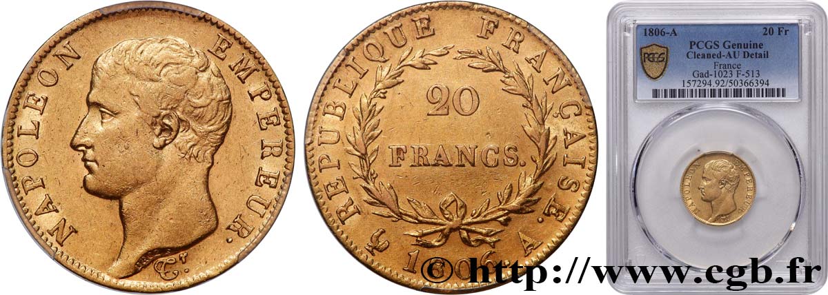 20 francs or Napoléon tête nue, Calendrier grégorien 1806 Paris F.513/1 AU PCGS