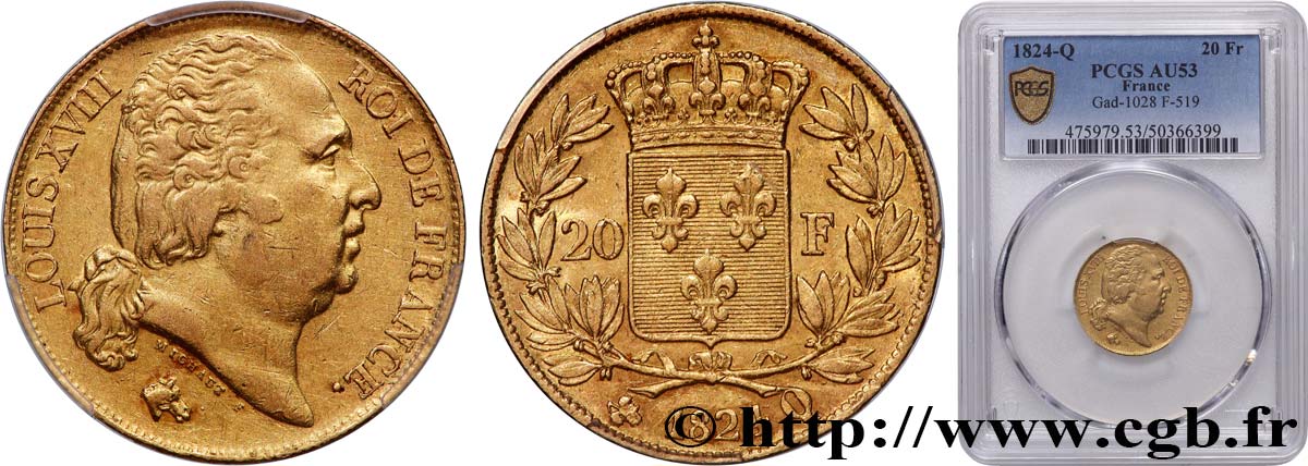 20 francs or Louis XVIII, tête nue 1824 Perpignan F.519/33 SS53 PCGS