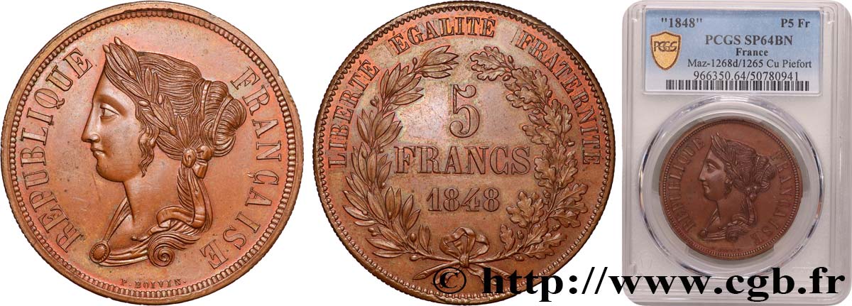 Concours de 5 francs, piéfort en cuivre par Boivin 1848 Paris Maz.1268 d var. Tran. MS64 PCGS