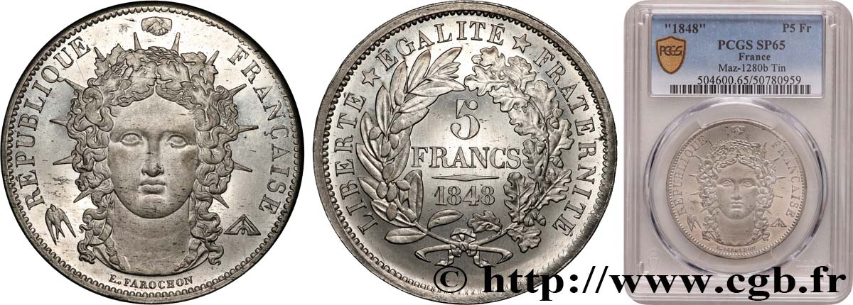 Concours de 5 francs, essai en étain par Farochon, deuxième concours 1848 Paris Maz.1280 b FDC65 PCGS