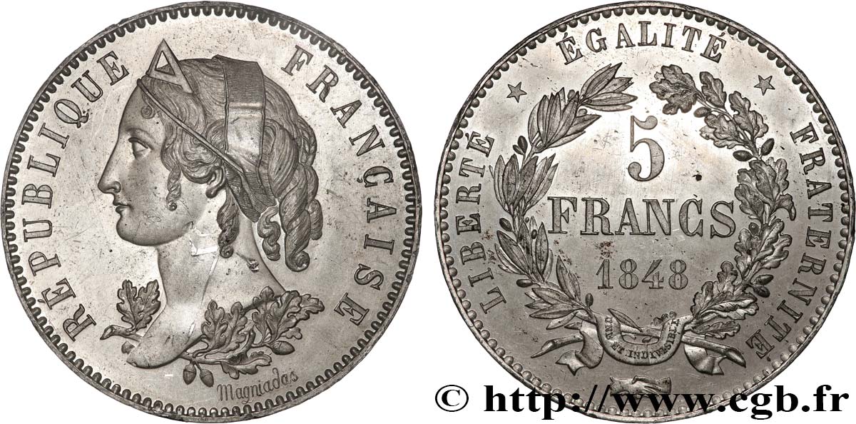 Concours de 5 francs, essai en étain par Magniadas 1848 Paris VG.3082 var VZ+ 