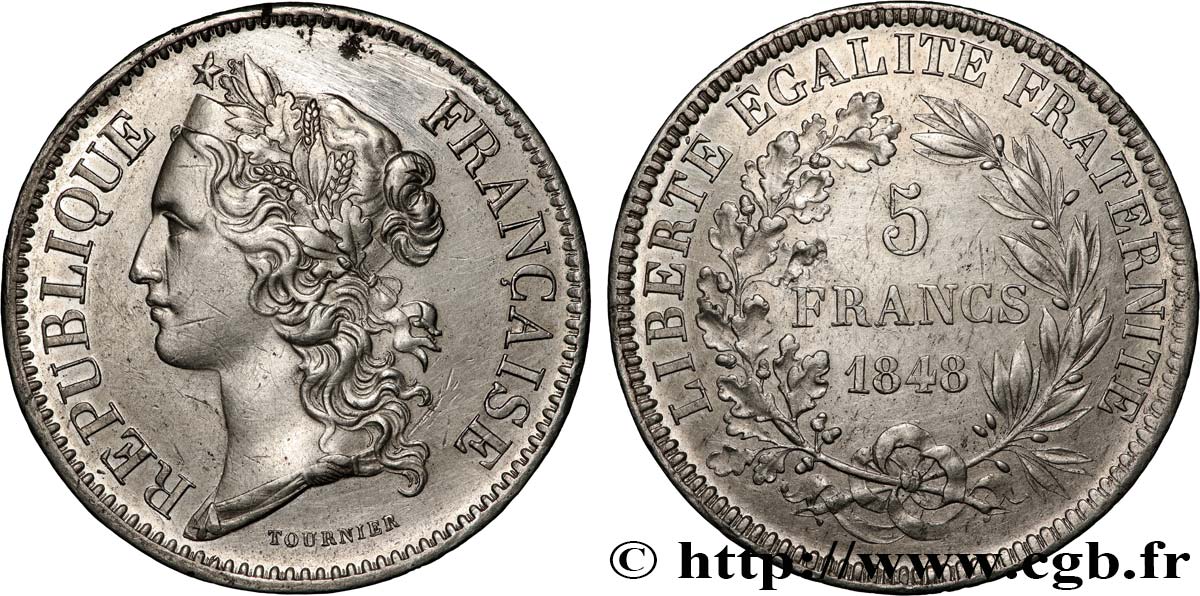 Concours de 5 francs, essai en étain par Tournier 1848 Paris VG.3093 var. MBC+ 