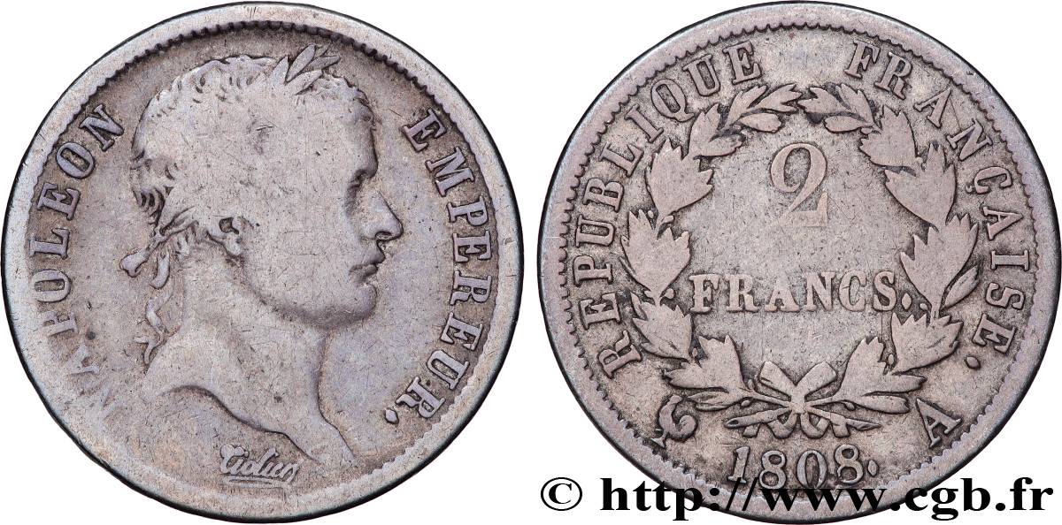 2 francs Napoléon Ier tête laurée, République française 1808 Paris F.254/4 F 