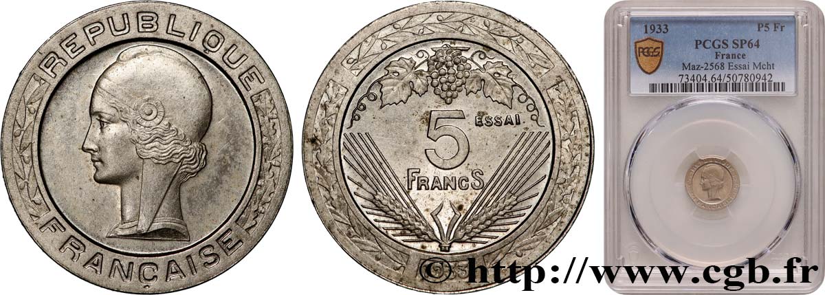 Concours de 5 francs, essai de Vézien, petit module, en maillechort 1933 Paris GEM.139 5 SPL64 PCGS