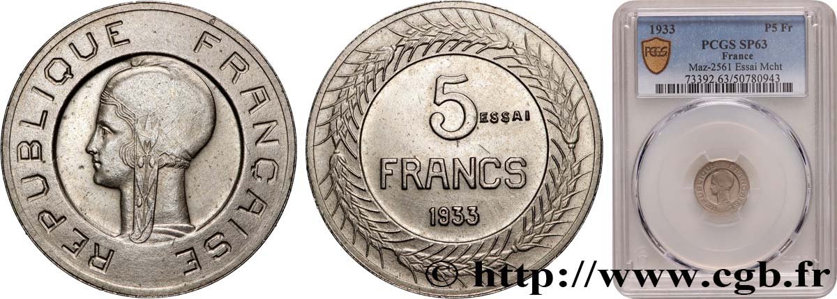 Concours de 5 francs, essai de Cochet, petit module 1933 Paris GEM.135 5 MS63 PCGS