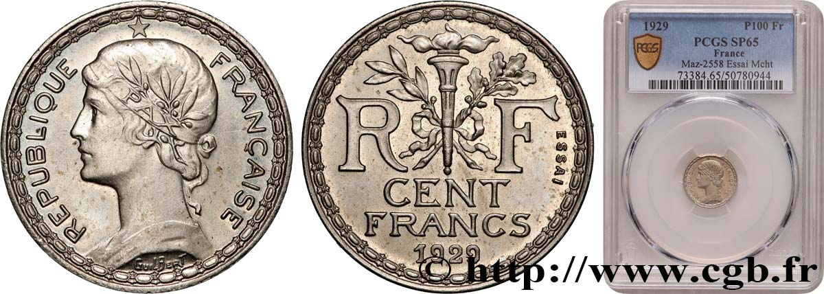 Concours de 100 francs or, essai de Guilbert en Maillechort / Bronze-Nickel, sans différents 1929 Paris GEM.286 5 FDC65 PCGS