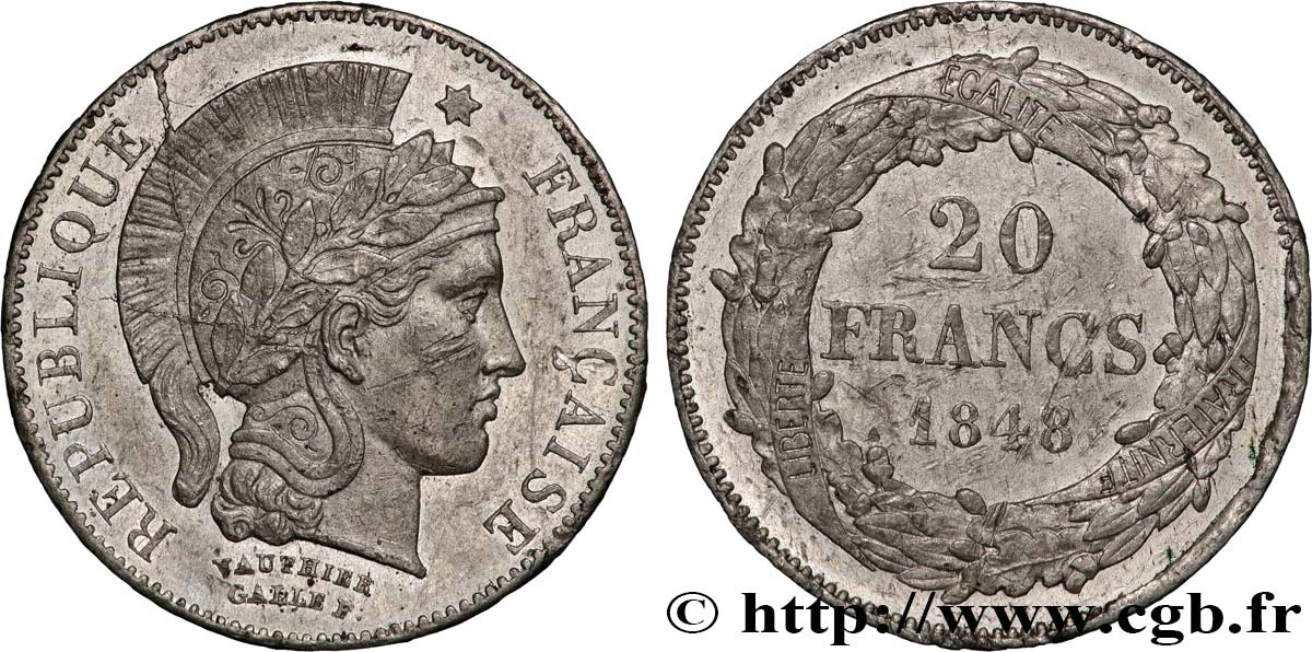 Concours de 20 francs, essai en étain de Vauthier-Galle 1848 Paris VG.3038 var AU 